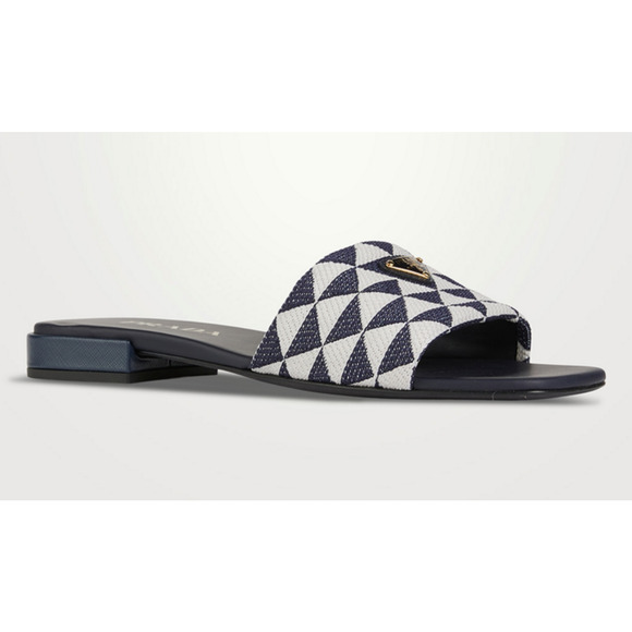 Prada Jacquard Triangle Logo Baltico Talco Blue White Slide Sandal Flat Mule 36 - Picture 3 of 15